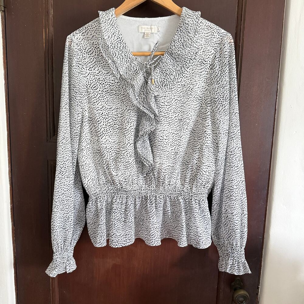 TED BAKER | White Crinkle Chiffon Swiss Dot Ruffle neck Boho Blouse | Size 4